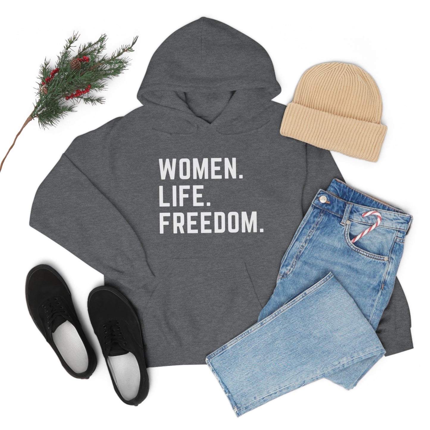 Heathered Grey Unisex Women, Life, Freedom Heavy Blend™ Hooded Sweatshirt